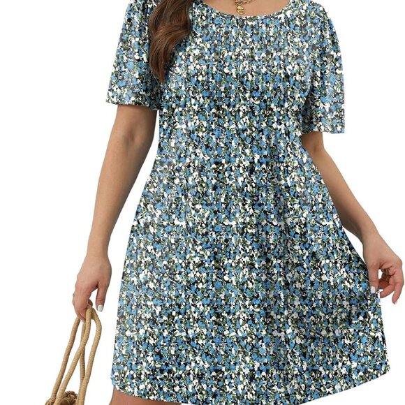 Women's Pleated Front Summer Dress with Pockets Casual Short Sleeve Beach Cover - Picture 4 of 5